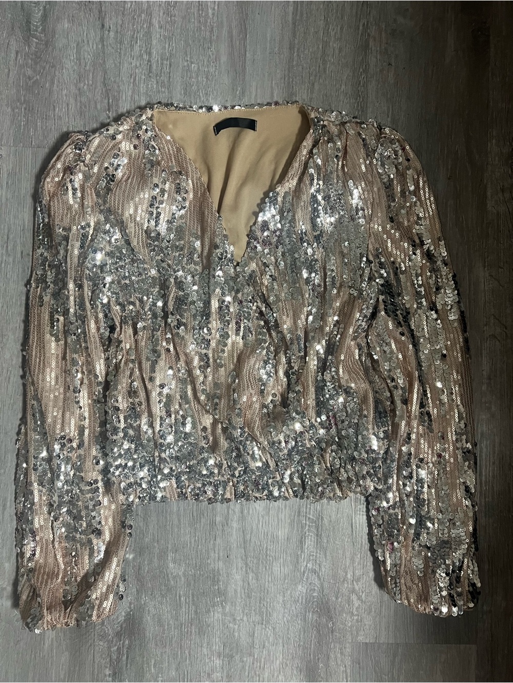 Embellished V-Neck Sequin Blouse in Champagne